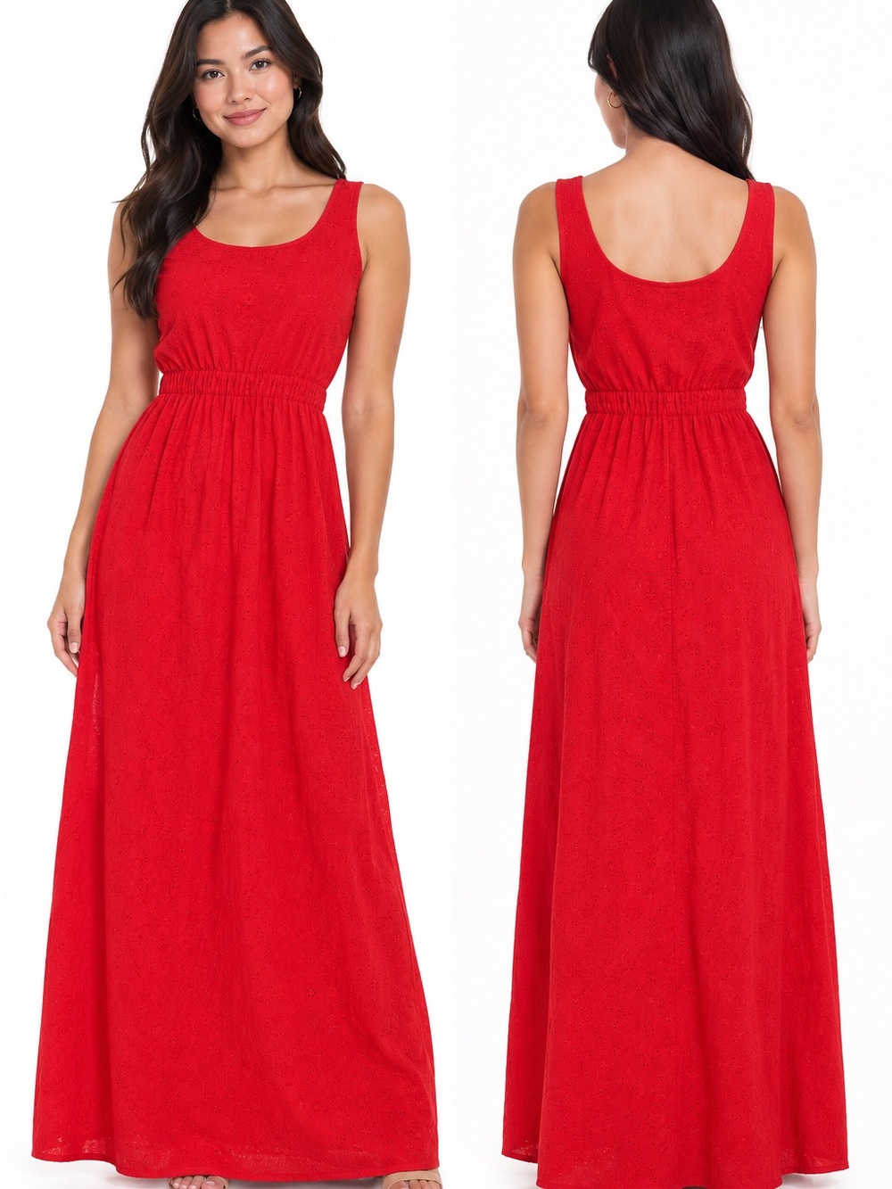 H&M Red Sleeveless Eyelet Maxi Dress